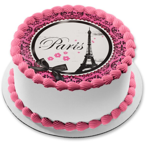 Paris Eiffel Tower Pink Background with a Black Bow Edible Cake Topper Image 8in Round