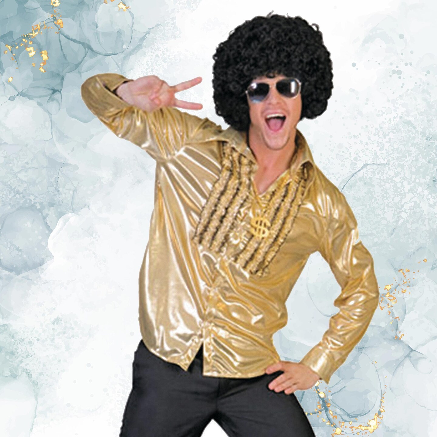 Mens 70s Dance Shirt Gold Ruffle Trim Button Front Retro Disco Costume