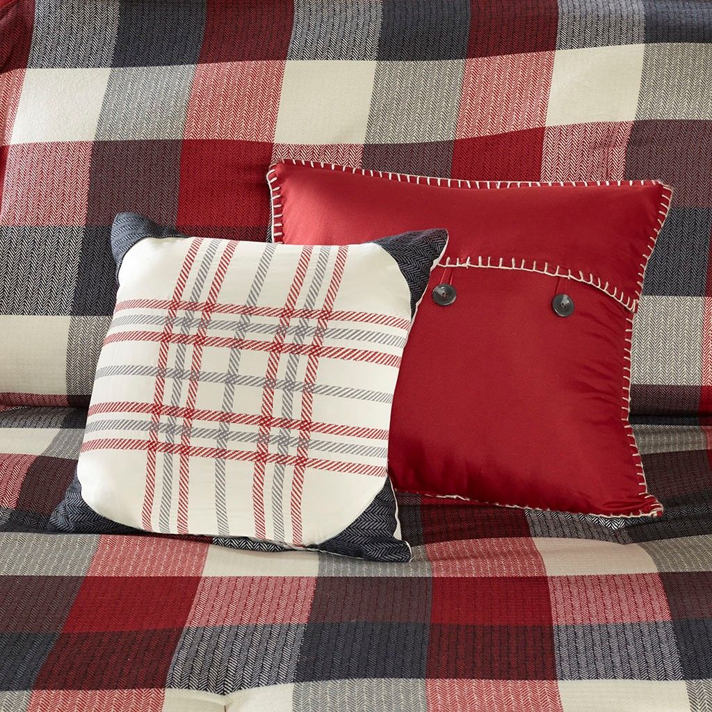 Queen Herringbone Comforter Set, 7-Piece Buffalo Plaid Bedding Collection