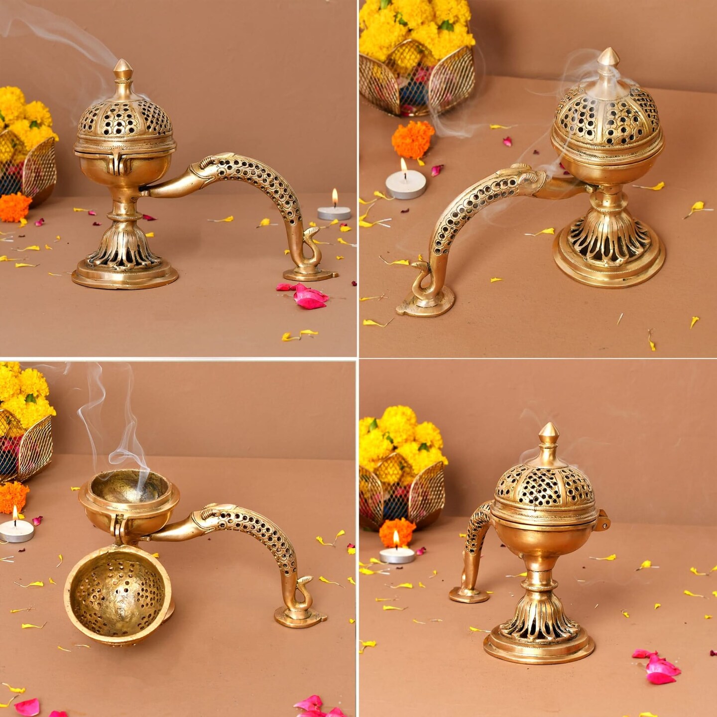 Brass Incense Dhoop Burner Aroma for Prayer Puja Meditation Spiritual Events Dhoopam for Havan Rituals - Diwali Decoration Loban Dhoop Dani for Temple Home Prayer Room (7.8x3.9 Inches)