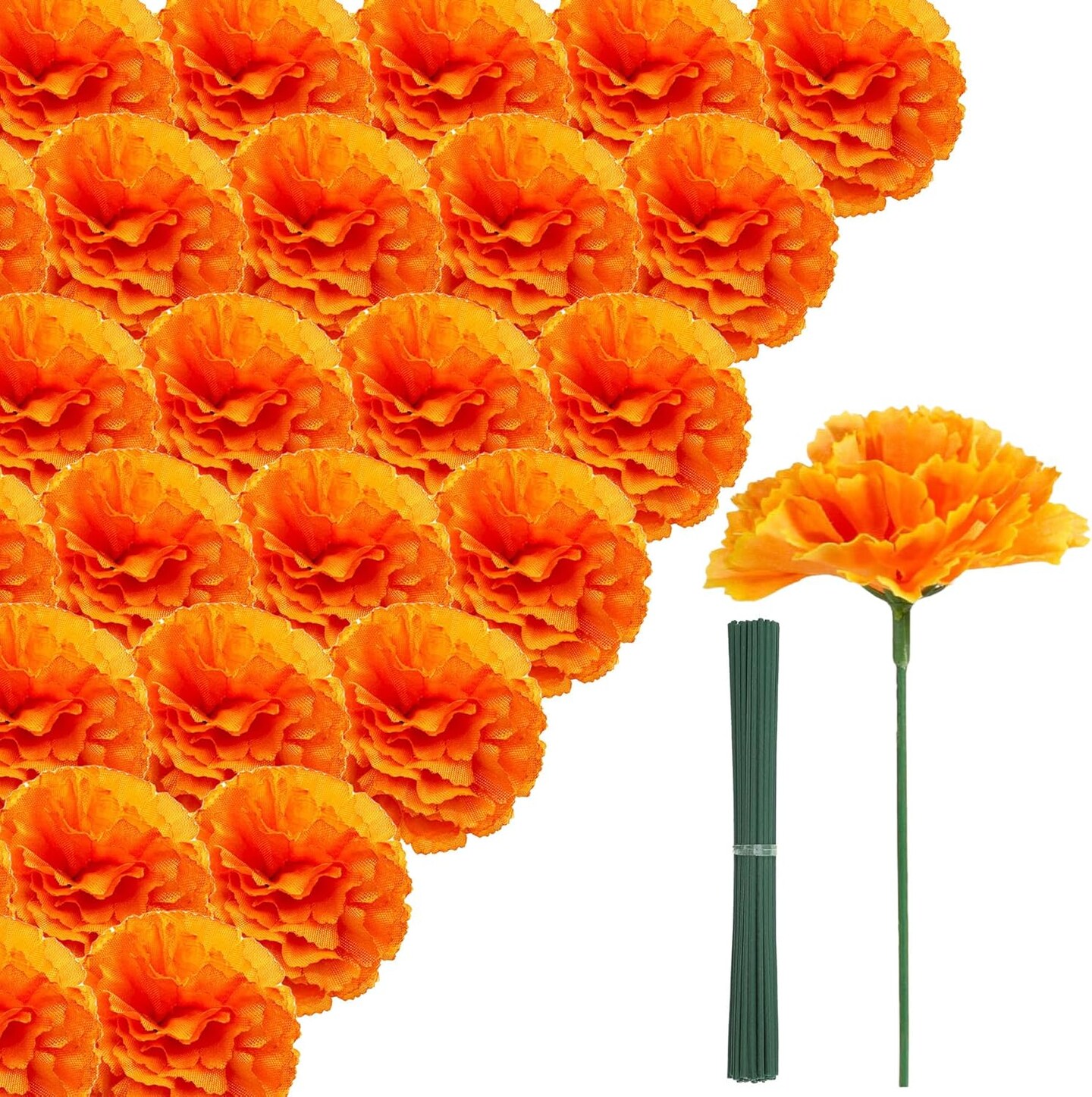 100Pcs Bulk Silk Artificial Orange Marigold Flowers Heads (Orange-3) 5"D x 2"W x 8"H