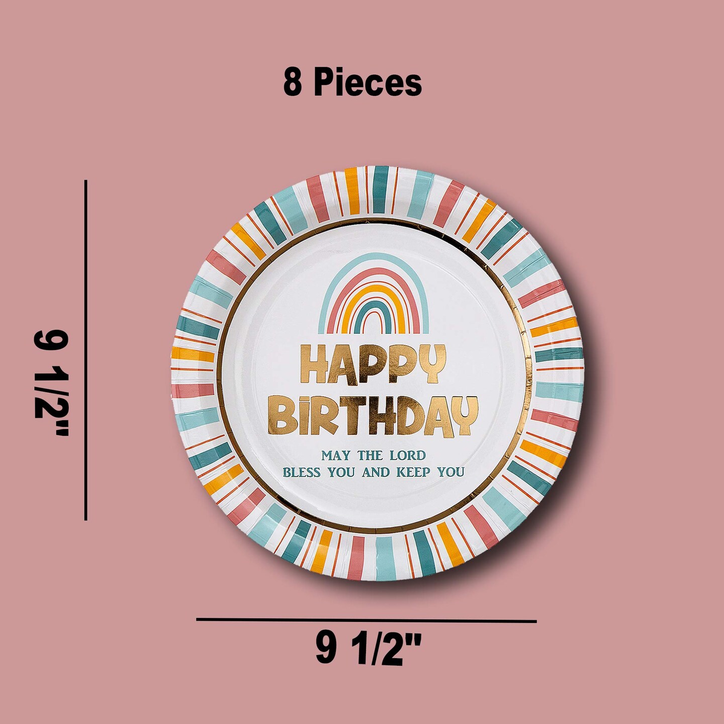 8 Count Religious Happy Birthday Rainbow Paper Dinner Plates 9.5" Faith-Inspired Disposable Plates