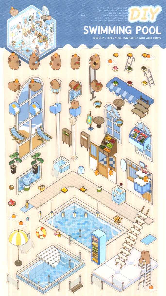 Capybara Pool Party Room Scene Stickers, Cute Isometric Set, Adorabilities