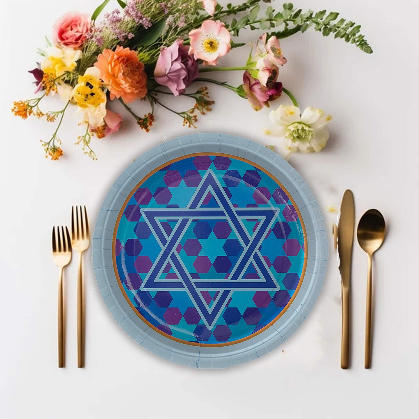 8 Count Star of David Paper Dessert Plates Light Blue Trim 7 Inch
