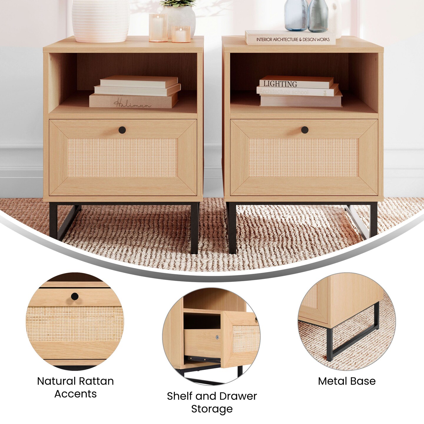 Merrick Lane Burkett Set of 2 Mid-Century Modern Wooden Bed Side Tables/Nightstands with Drawer and Shelf
