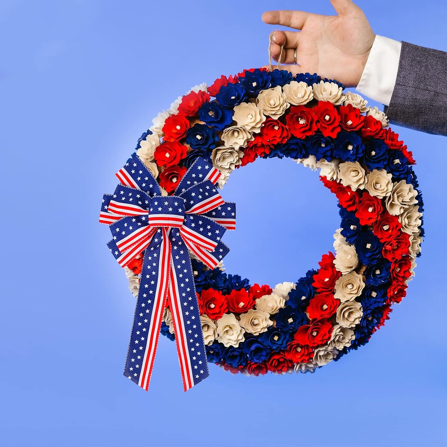 (11x20 inch) - 4th of July Decorations Patriotic Wreath Bow Red White Blue