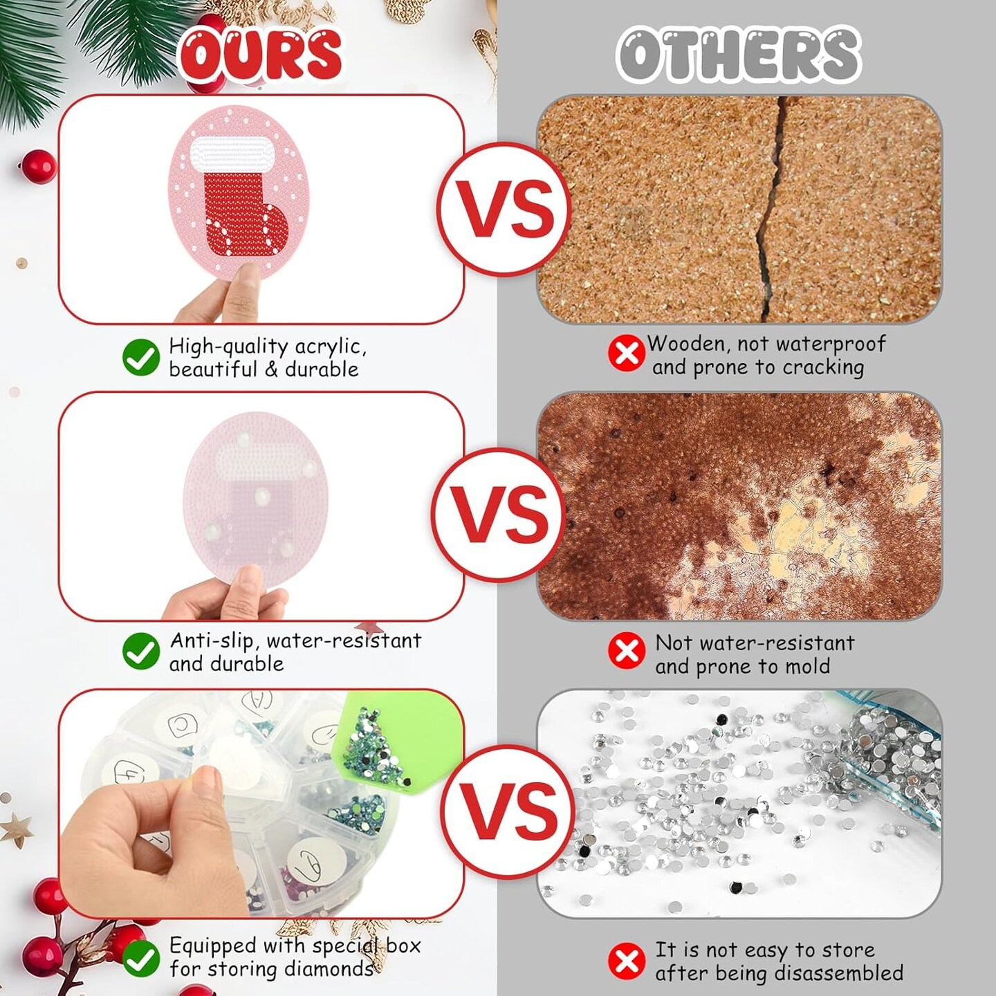 Diamond Coasters Art Painting Kit, 8pcs Diamond Christmas Art Coasters with Holder