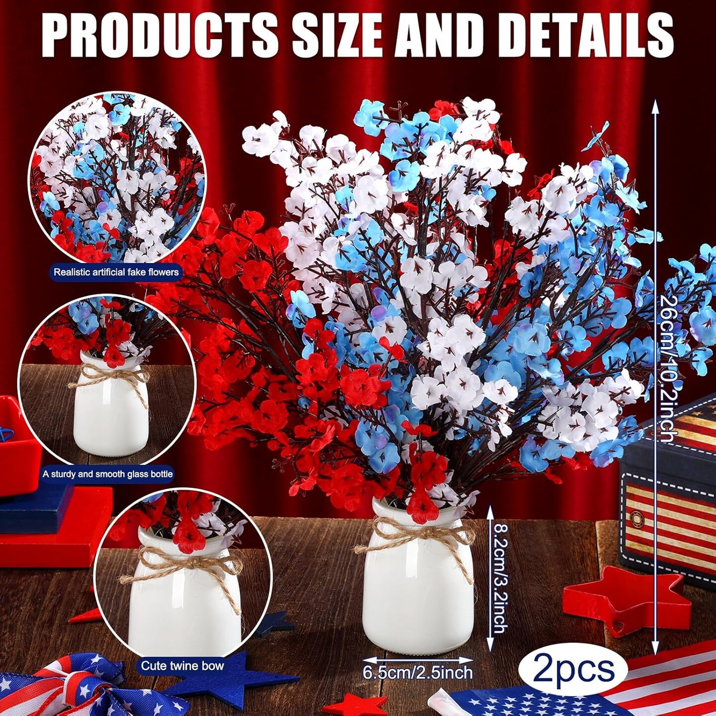 2 Set 4th of July Artificial Flowers Table Decoration Red Blue White