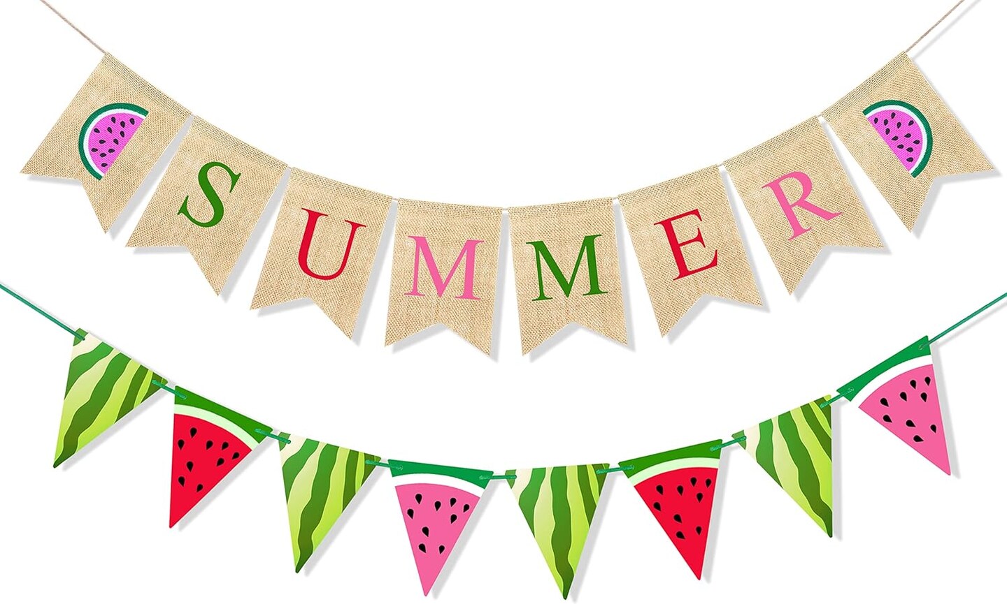 Burlap Summer Banner Watermelon Theme Party Supplies Summer Decorations Garland Watermelon Pennant Flags for Hawaiian Beach Party Photo Backdrop