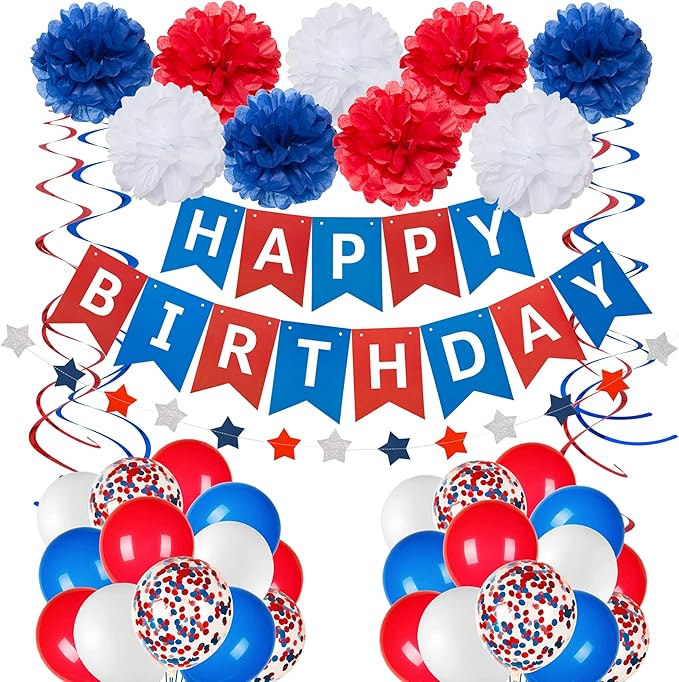 Blue White and Red Birthday Decorations, Patriotic Party Supplies Kit for Men Women Boys Grils, Happy Birthday Banner Paper Pompoms Red Blue Confetti Balloons Star Streamer for 4th of July Baseball