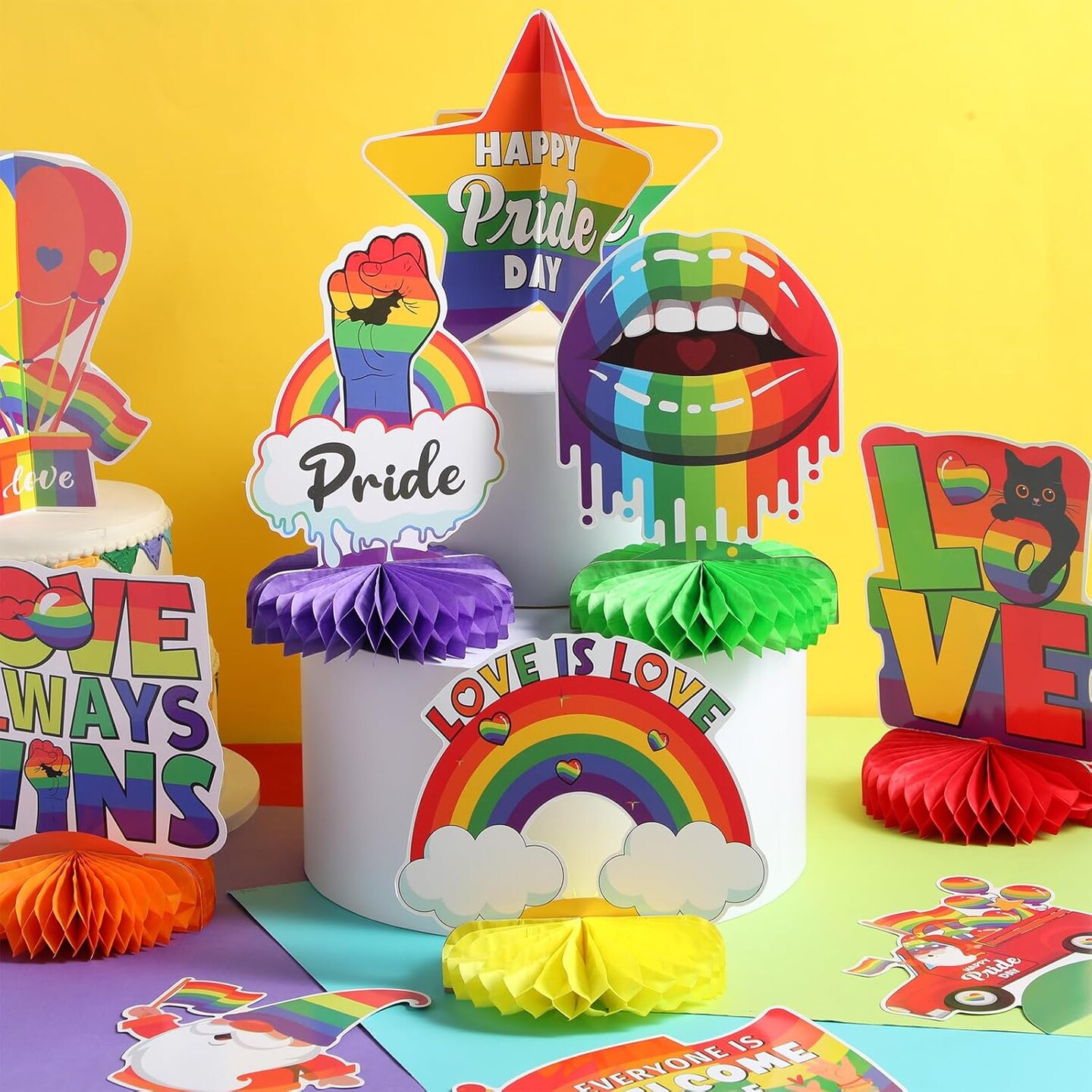 11 Pcs 3D Rainbow Honeycomb Table Centerpiece Pride Decoration