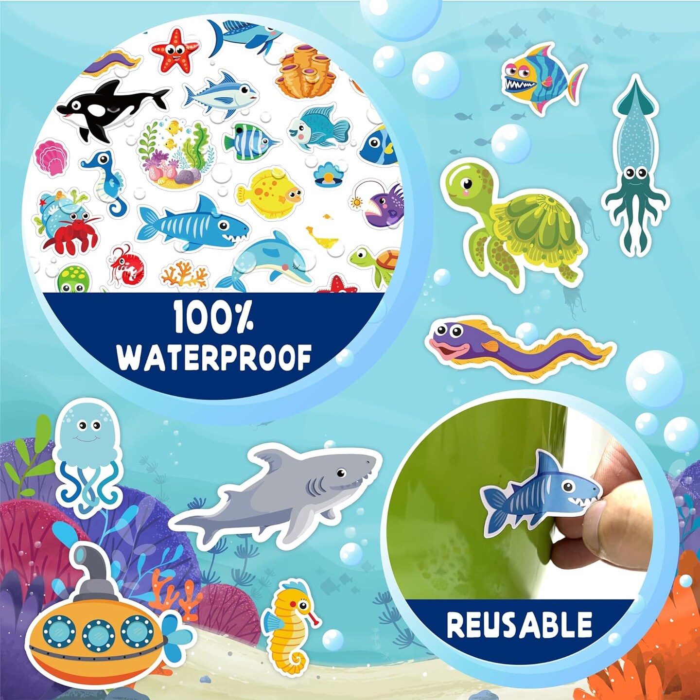 1480PCS Ocean Stickers for Kids, 24 Sheets, Vinyl, Waterproof Under The Sea Fish Animal Stickers