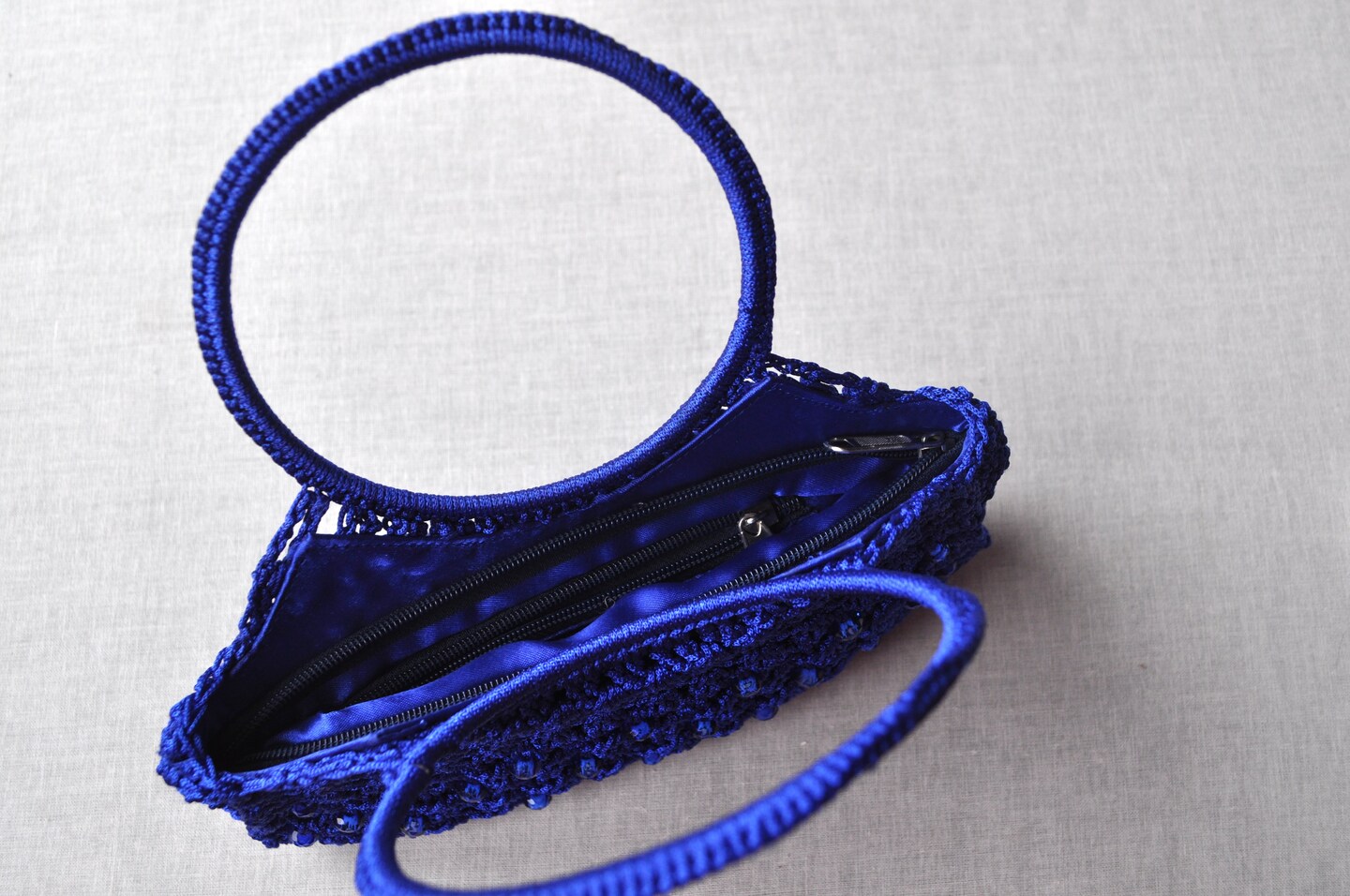 Blue Crochet Handbag, Round Handle Purse, Beaded Crochet Bag  display picture 1