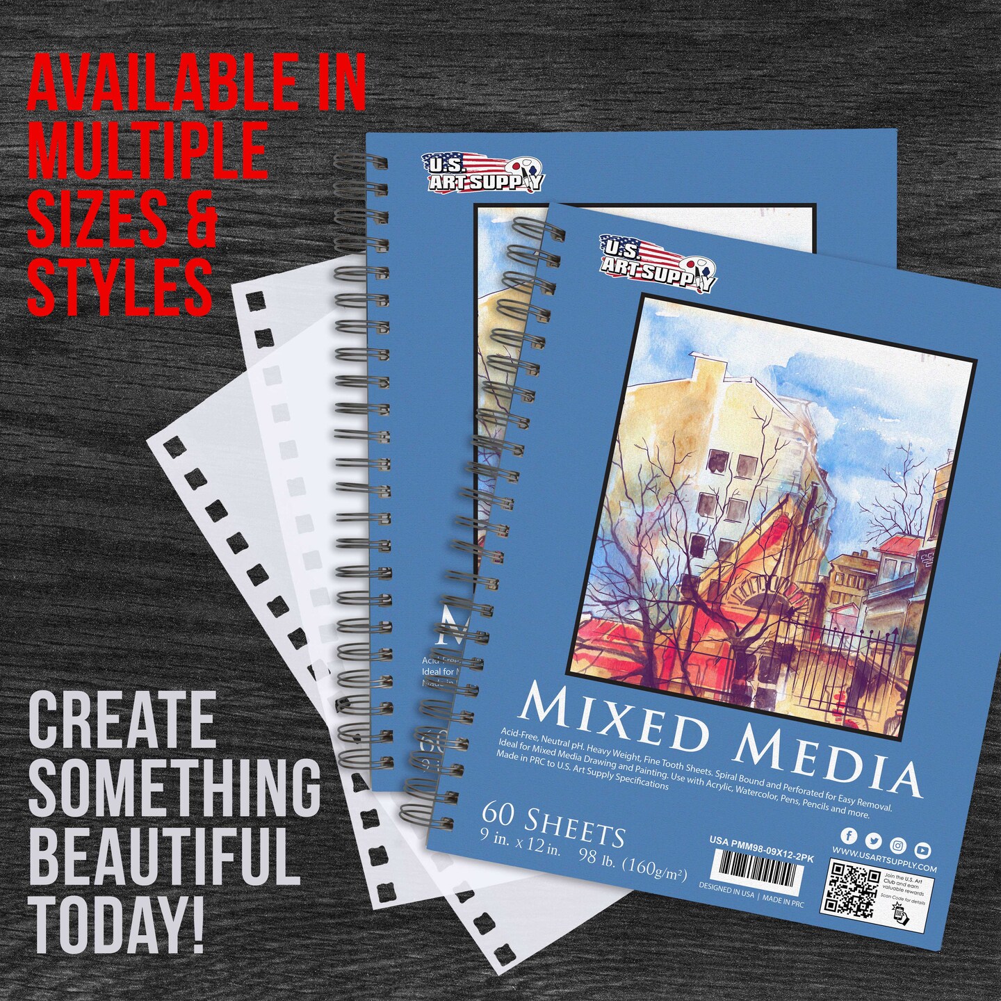 9&#x22;x12&#x22; Mixed Media Sketchbook, 2 Pack (60 Sheets), 98 lb (160 gsm) - Spiral-Bound Pad with Perforated Acid-Free Paper - Artist Sketch Book For Drawing, Painting, Watercolor