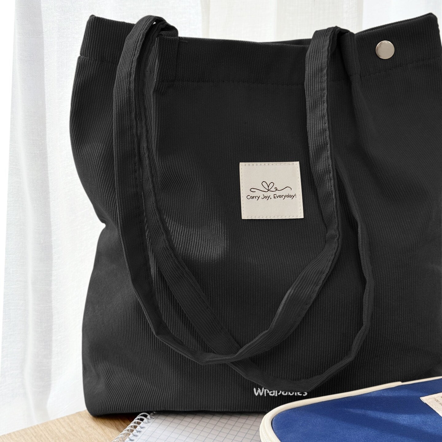 Wrapables Carry Joy Corduroy Tote Bag, Casual Shoulder Handbag, Black