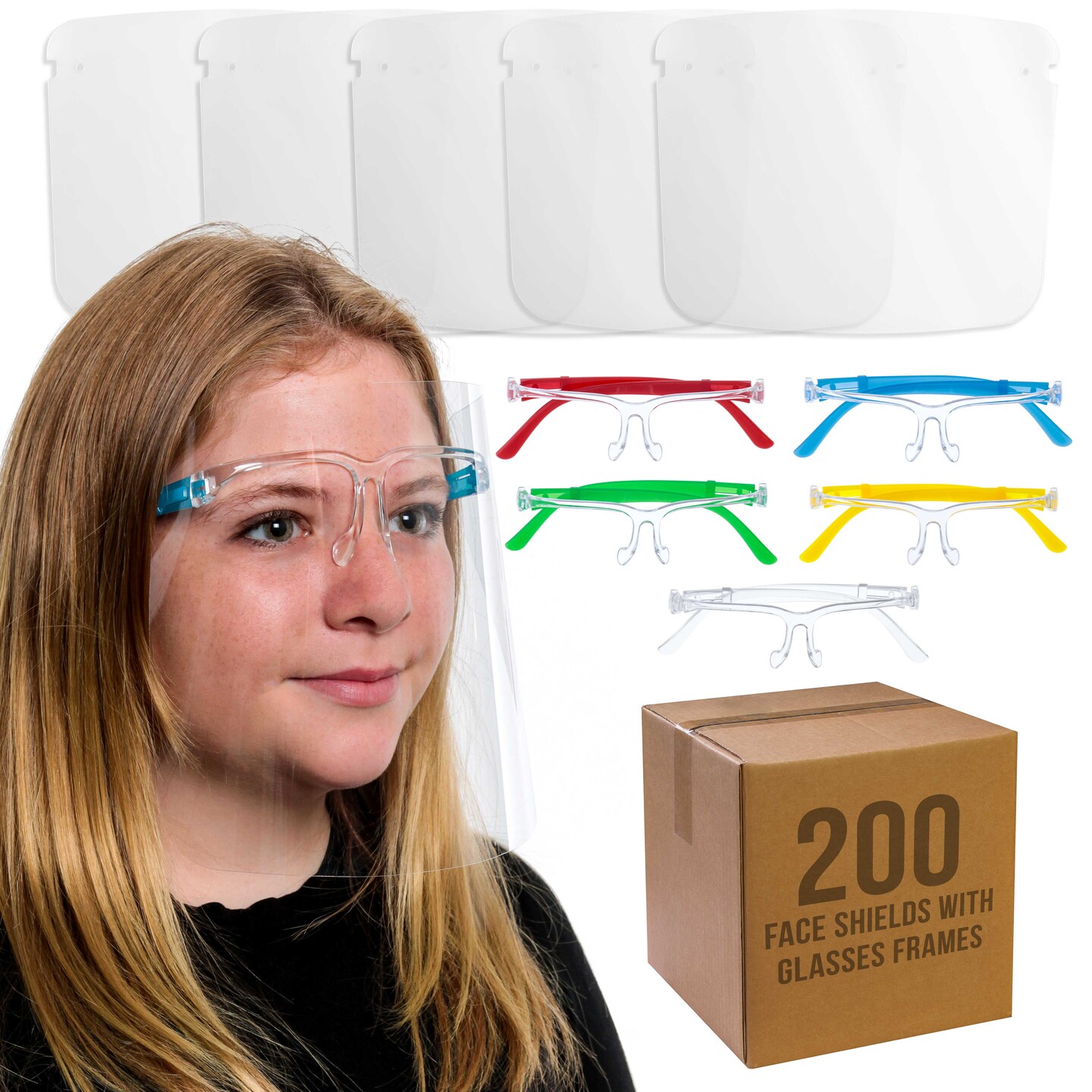 200 Kids Face Shields with Glasses Frames (20 Packs of 10) - 5 Colors, 40 Each - Protective Children&#x27;s Full Face Shields - Anti-Fog PET Plastic
