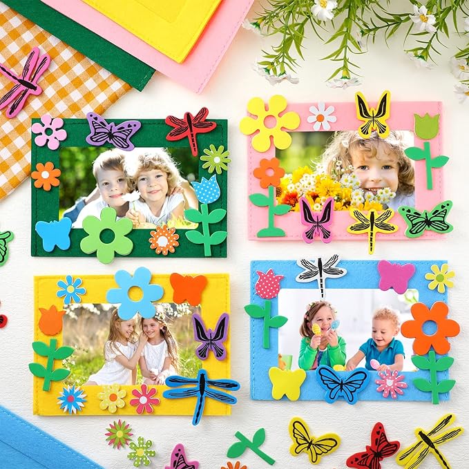 232 Pieces Spring DIY Picture Frames Craft Kit for Kids 32 Pieces Spring Felt Photo Frames with 200 Flower Dragonfly Butterfly Foam Stickers for Party Favor Home Classroom