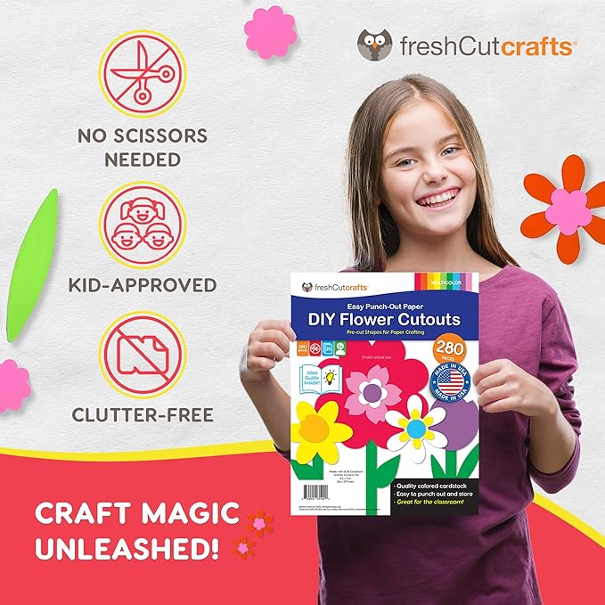 280 Pieces of DIY Flower Cutouts with IDEA Guide - 2-Sided Punch Out Tulips, Daisies, Daffodils, Flowers Ideal for Spring Craft Projects, and Mother&#x27;s Day DIY Gift Craft
