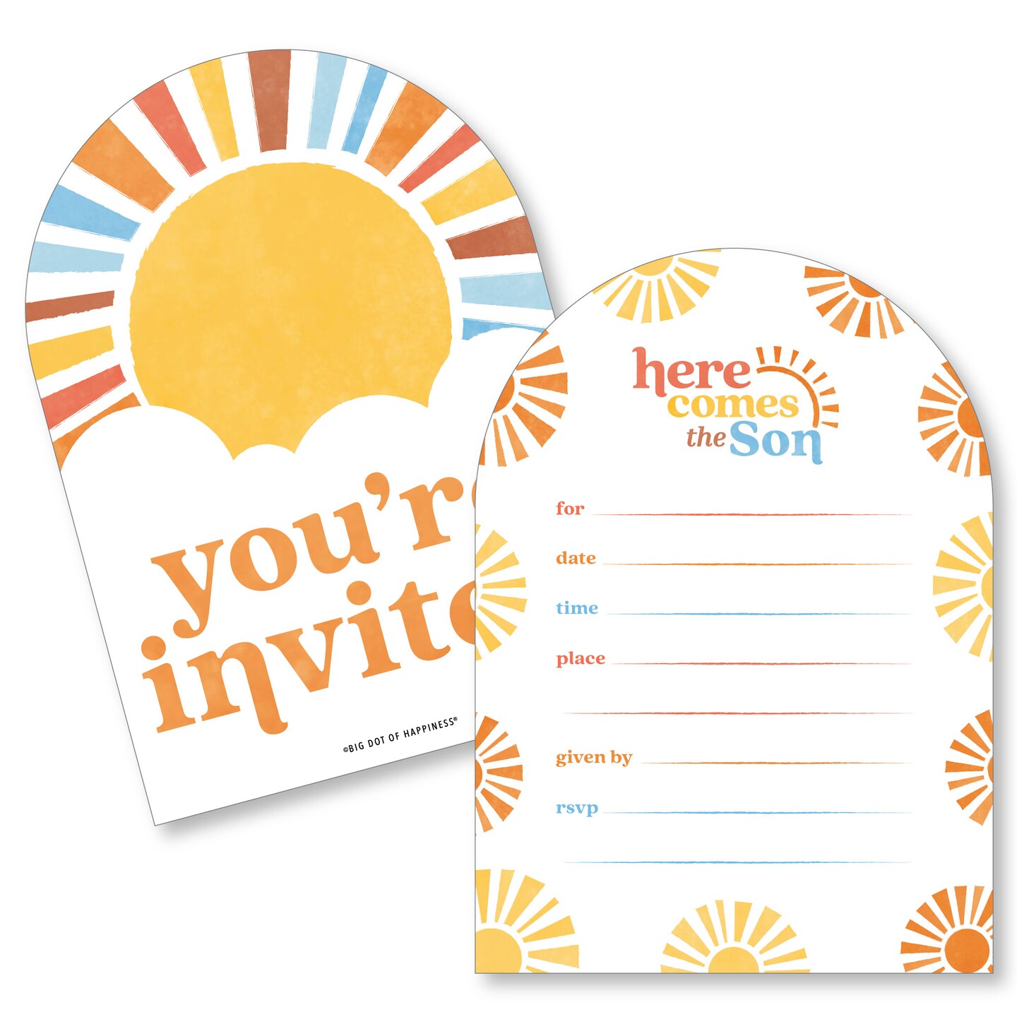 Big Dot of Happiness Here Comes The Son Baby Shower Invitations, Boy Boho Party You&#x27;re Invited Fill-Ins, Flat Invite Cards with Envelopes - Set of 12
