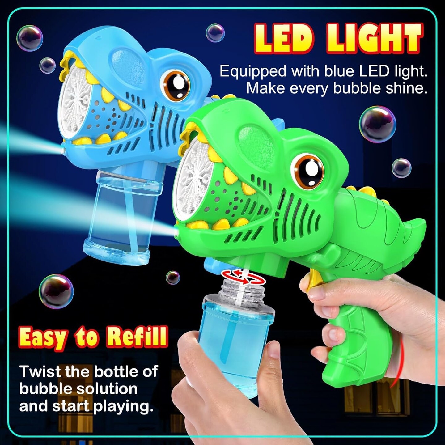 Kids Bubble Gun 2 Pack Dino Bubble Machine Gun for Toddlers with 4 Bubbles Solution Automatic 13-Hole Bubbles Blower Maker Bubbles for Kids Party Favors Stocking Stuffers Birthday Gift for Boys Girls