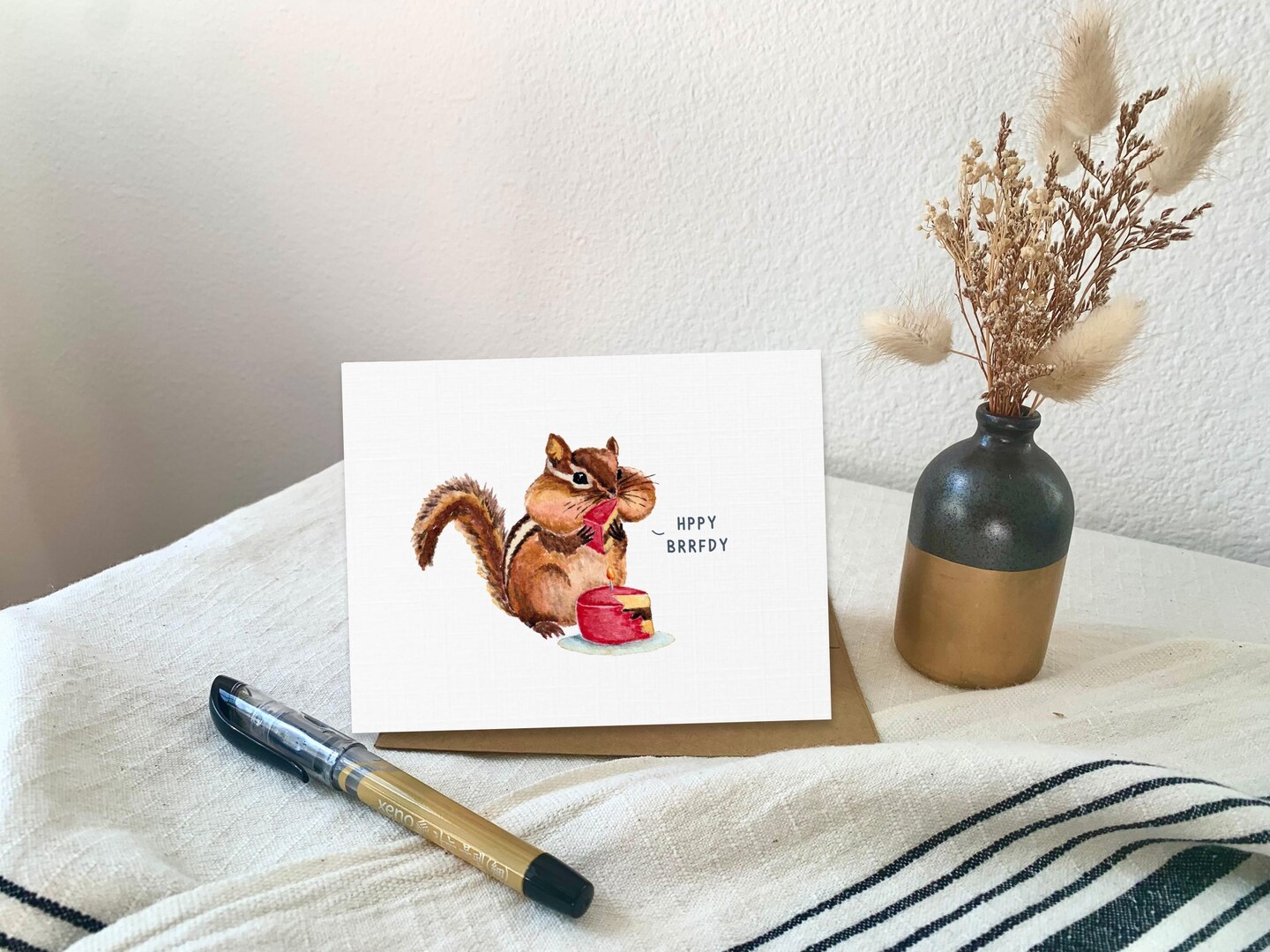 Cute chipmunk watercolor birthday card, Funny happy birthday handmade card, Bday animal card, Woodland animals birthday gift, Blank inside product 3