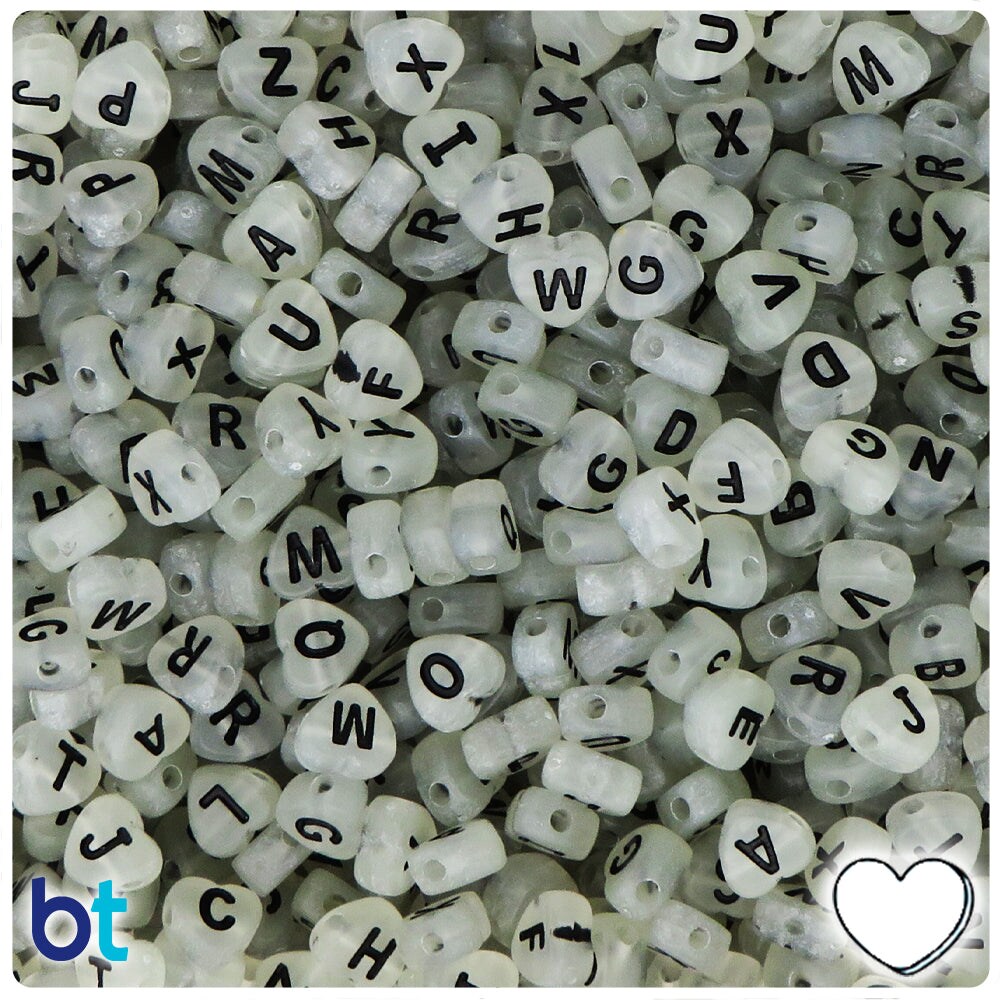 BeadTin Luminous 7mm Heart Plastic Alpha Beads - Black Letter Mix (250pcs)
