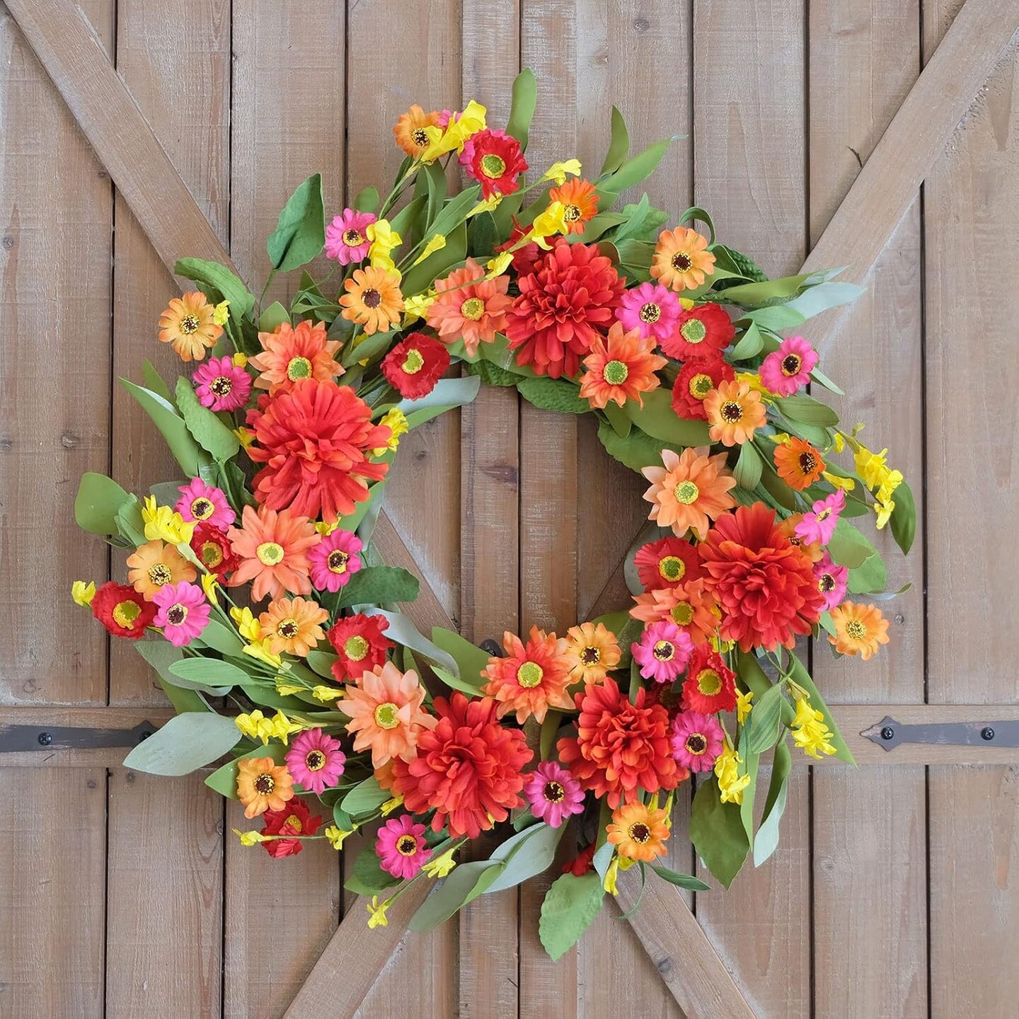 18 Inches Bright Summer Floral Wreath- Artificial Colorful Daisy and Green Leaves Wreath for Summer Indoor Decor