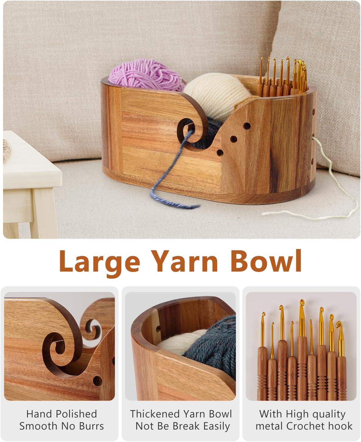 9pcs Knitting Hooks, Yarn Storage Crochet Bowl Knitting for Crocheters, Large Yarn Bowl Acacia Wooden 11.3x5.9x4.7inch