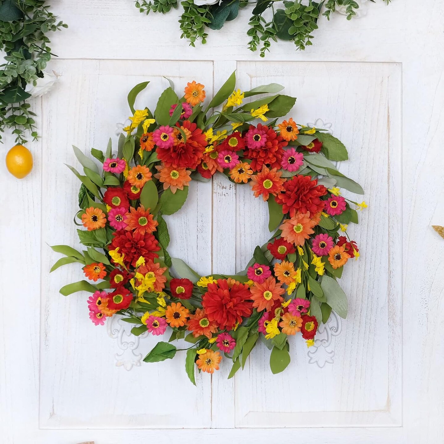 18 Inches Bright Summer Floral Wreath- Artificial Colorful Daisy and Green Leaves Wreath for Summer Indoor Decor