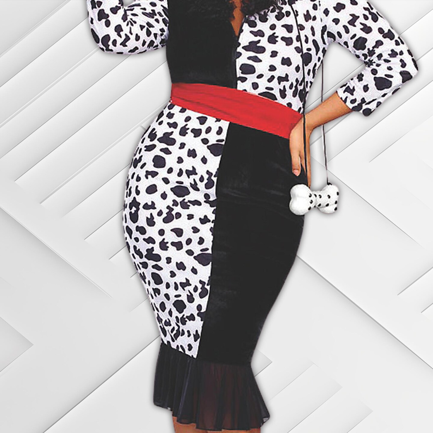 Womens Dalmatian Print Front Zip Dress Faux Fur Collar Costume