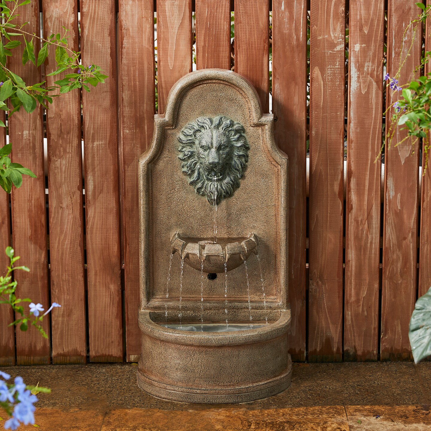 31.75&#x27;&#x27;H European Style 3-Tier Oversized Faux Granite Lion Head Polyresin Outdoor Fountain with Pump and LED Light