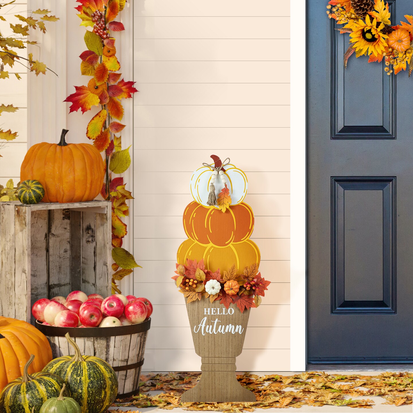 36&#x22;H Fall Wooden Stacked Pumpkin with Urn Porch Decor