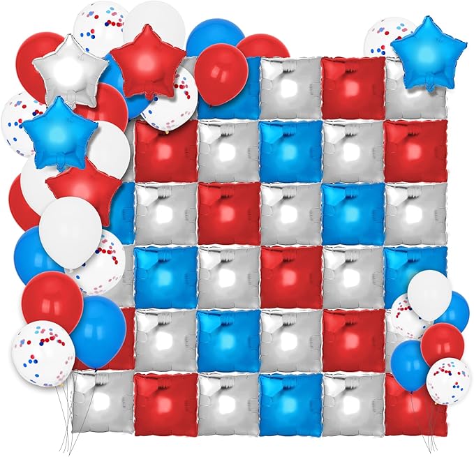 187Pcs Square Balloon Wall Red and Blue Balloons Backdrop 4th of July Party Double Sided White Star Balloons Foil for Independence Day Patriotic Anniversary Graduation Birthday Wedding Decorations