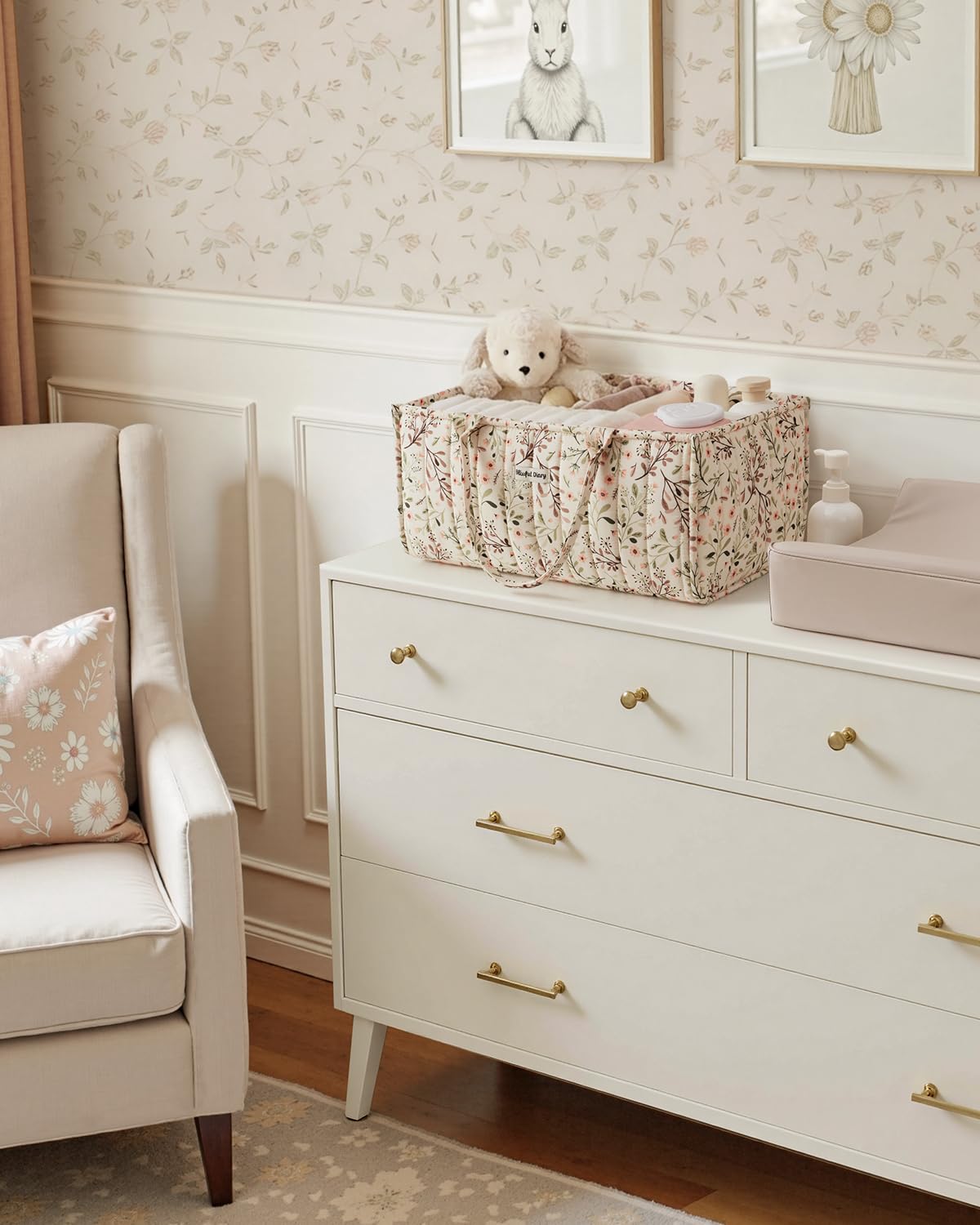 Diary Floral Diaper Caddy Organizer, Stylish Nursery Storage Basket, Diaper Bag,Gift for Baby Shower, Baby Registry Must Have, Newborn Essentials, Pastoral Daisy