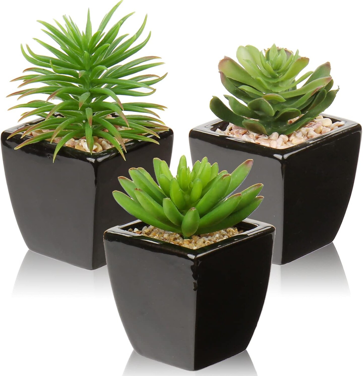 3 Pack Small Artificial Succulents in Black Ceramic Pots – Faux Mini Succulent Small Potted Plants for Desk, Bathroom & Home Decor