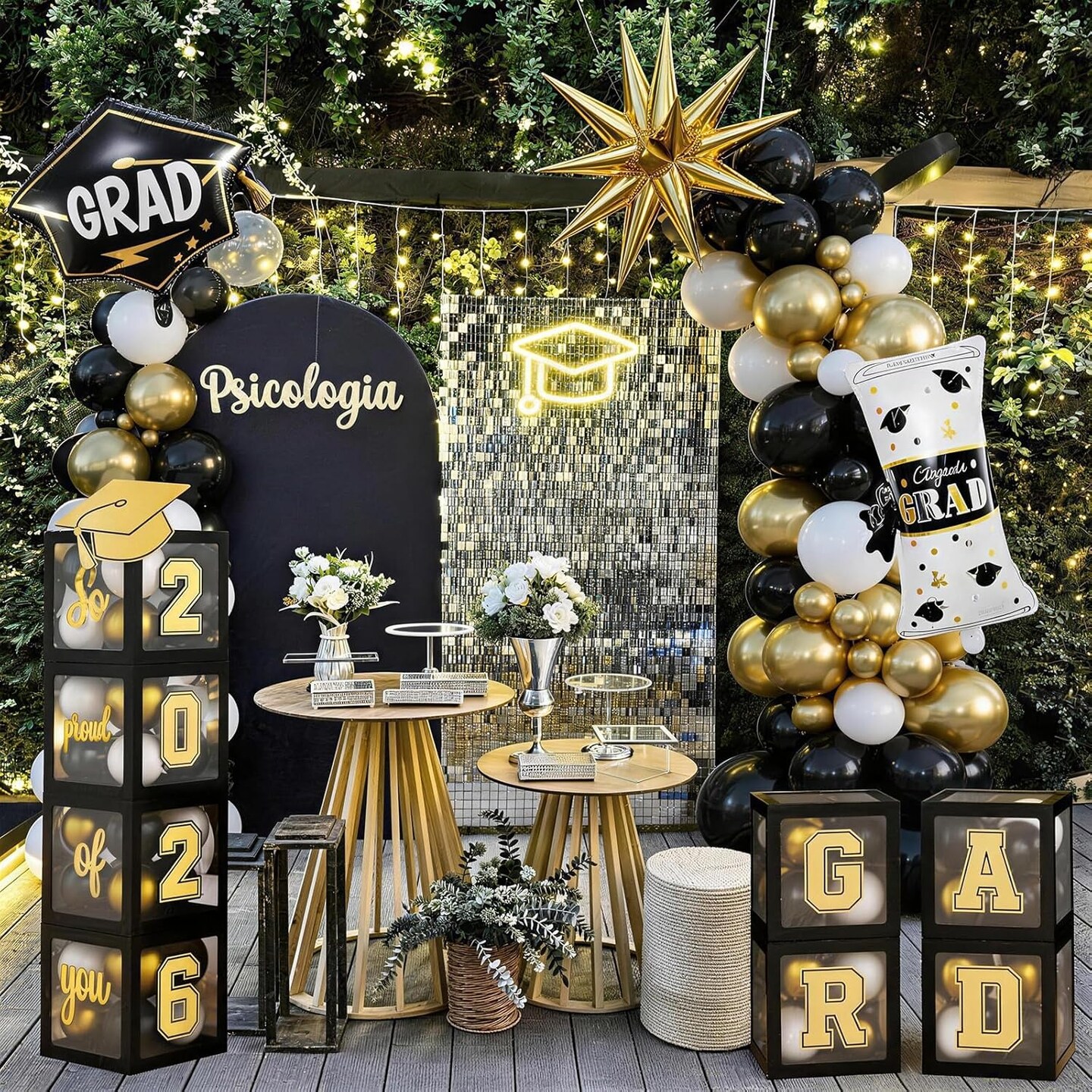 Gold & Black Graduation Balloon Arch & Box Set 2026 – 85-Piece Congrats Grad Decorations with Foil & Latex Balloons, Graduation Cap, Diploma, Star Balloons for High School, College, and PhD Party