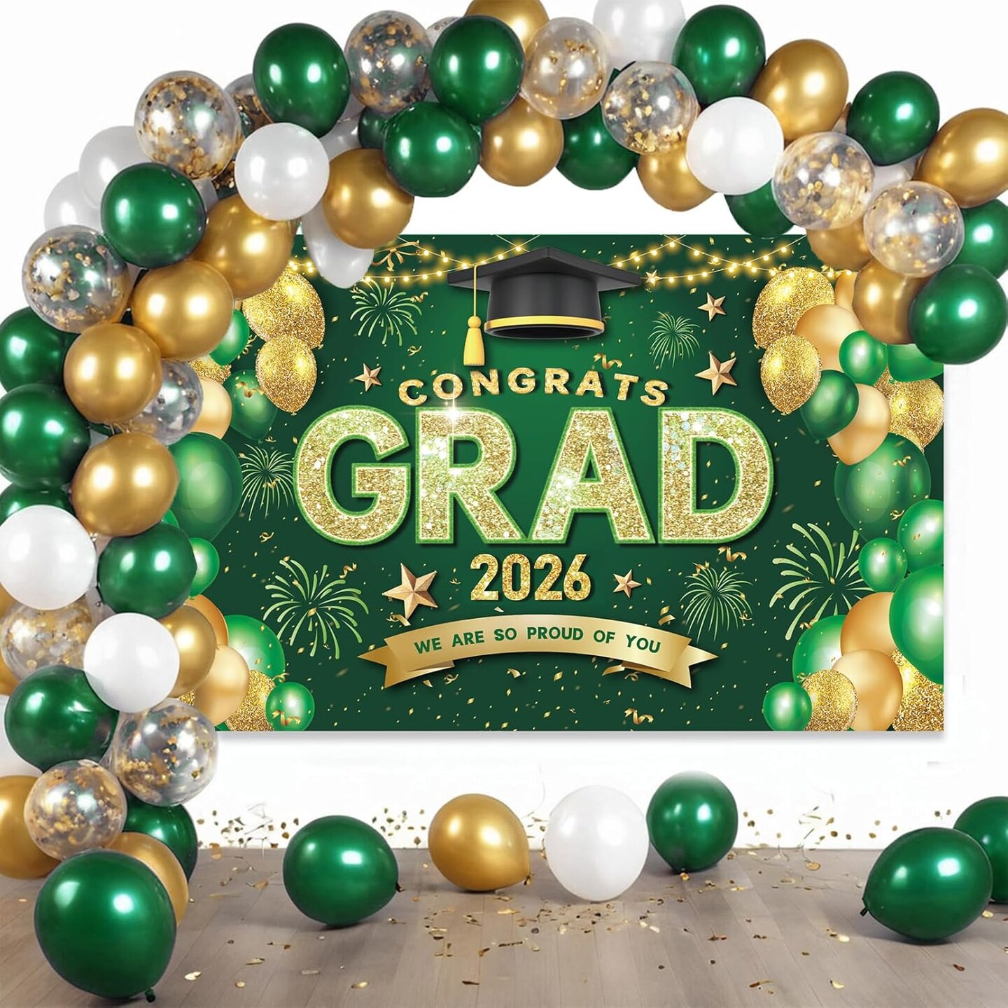 Green & Gold Graduation Decorations Kit 2026 – Class of 2026 Congrats Grad Banner with Balloon Arch Set, Large Backdrop & Party Supplies for High School, College, PhD, and Nursing Graduation