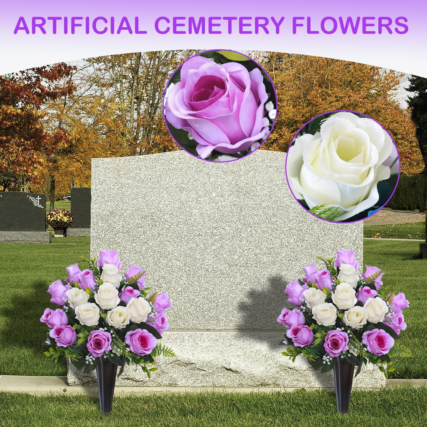 Artificial Cemetery Flowers for Grave Vase - Set of 2 Purple & White Silk Rose Memorial Bouquets - 15.8" Weather Resistant Gravesite Flower Arrangement - Windproof Headstone Decor with Vases