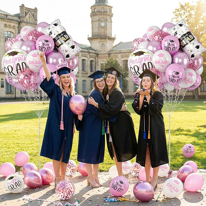 Pink Graduation Balloons, Grad Round Foil Balloons, Metallic Confetti Pink White Balloon for Congrats Graduation Party Decorations Backdrop