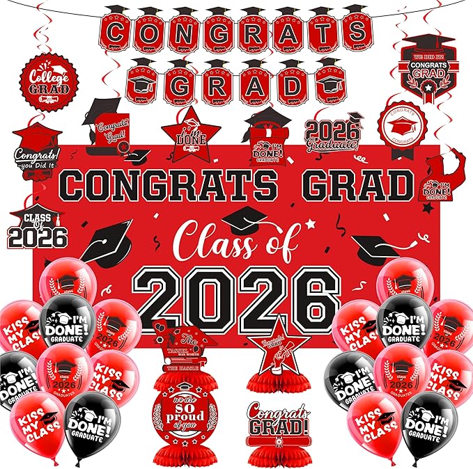 2026 Graduation Decorations Set- Class of 2026 Grad Party Decorations, Congrats Grad Banner, Backdrop, Grad Hanging Swirl, Balloons and Honeycomb Table Toppers, Graduation Party Supplies