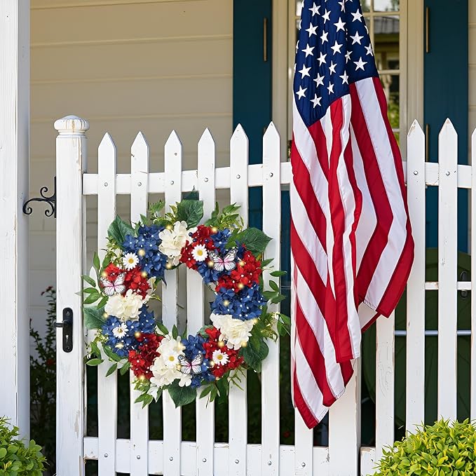 4th of July Wreath for Front Door with Lights, Red White Blue Patriotic Hydrangeas Wreath Memorial Day Decorations with Eucalyptus Leaves Butterfly for USA 250th Anniversary Summer, 18"