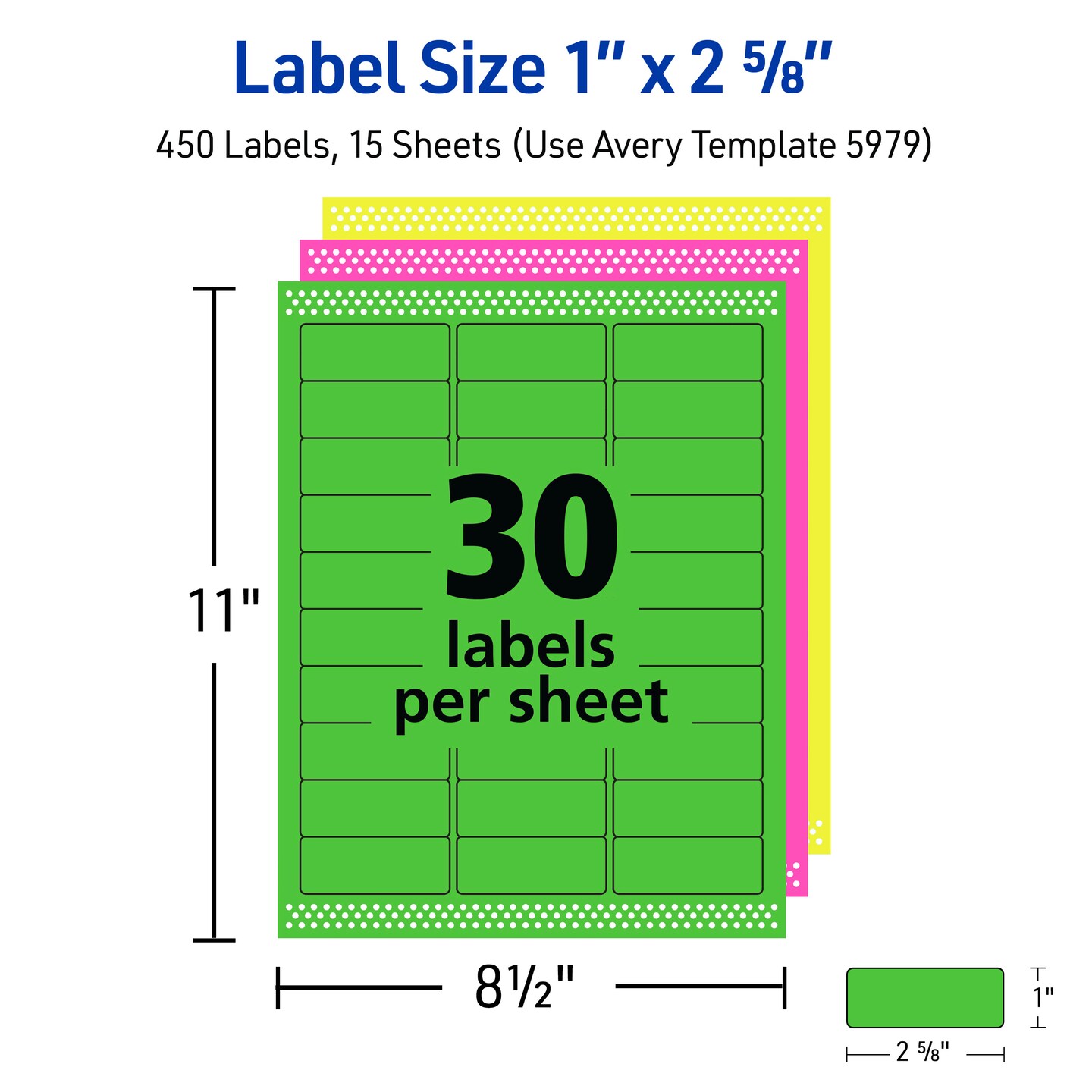 Avery Printable Address Labels with Sure Feed, 1" x 2-5/8", Assorted Neon Colors (Magenta, Green and Yellow), Laser & Inkjet Compatible, 450 Blank Labels Total (5979)