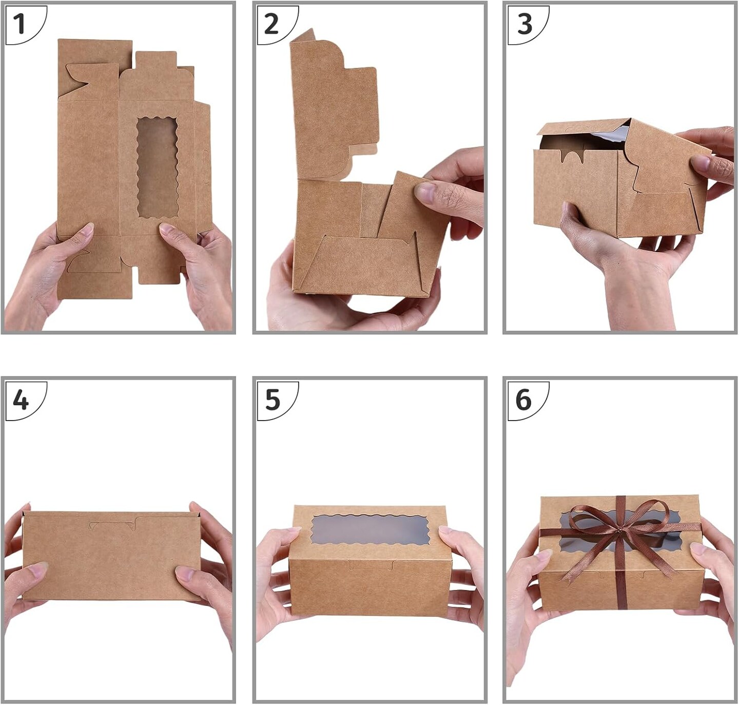 65 PCS Brown Bakery Boxes with Window 6.29 x 3.54 x 2.95 Inch Kraft Pastry Cookie Cupcake Cake Dessert Treat Gift Boxes with Ribbon for Parties Business and Takeout