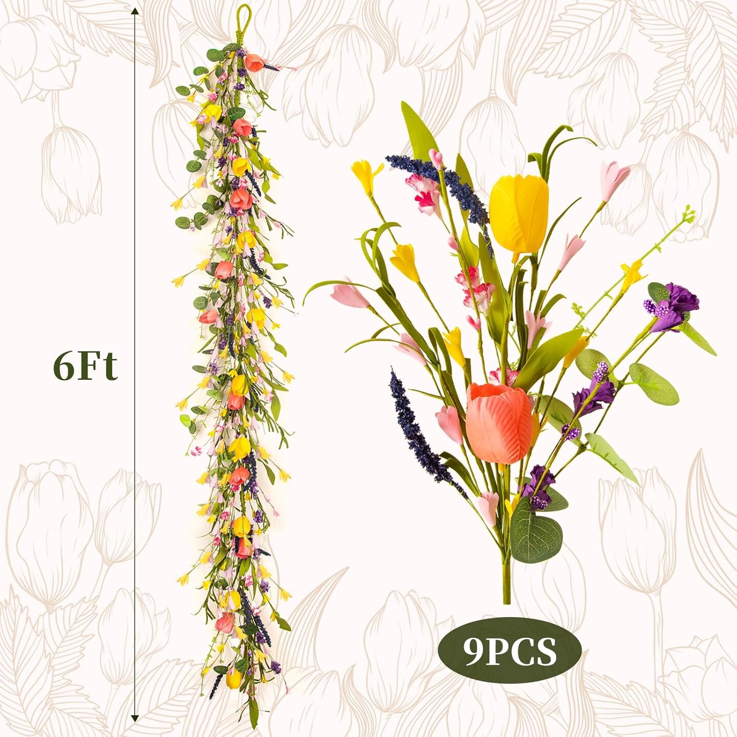 6FT Tulip and Eucalyptus Garland – Artificial Spring Floral Vine for Wedding, Home, Mantle, Staircase, Porch, and Indoor Decoration