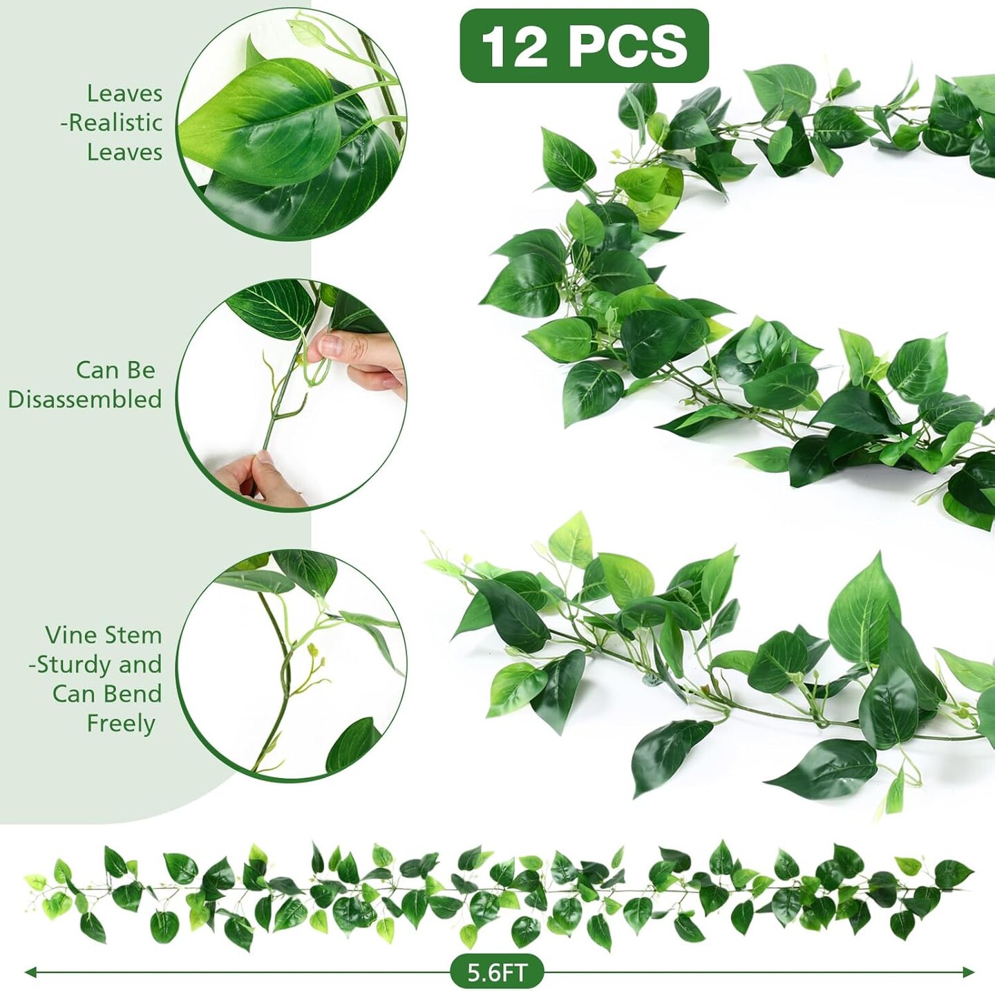 12 Pcs 5.6ft Artificial Wedding Scindapsus Vines Garland Faux Vine Garlands Realistic Plastic Leaves Fake Hanging Greenery Plant for Wedding Centerpiece Table Party Indoor Outdoor Wall Decor