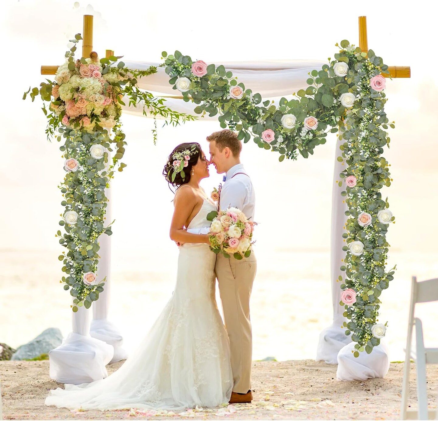 2 Pack Artificial Eucalyptus Garland with Flowers, Faux Greenery Garland Decor 6FT Eucalyptus Vines, Fake Hanging Vines Summer Garland for Mantle Wedding Backdrop Decorations