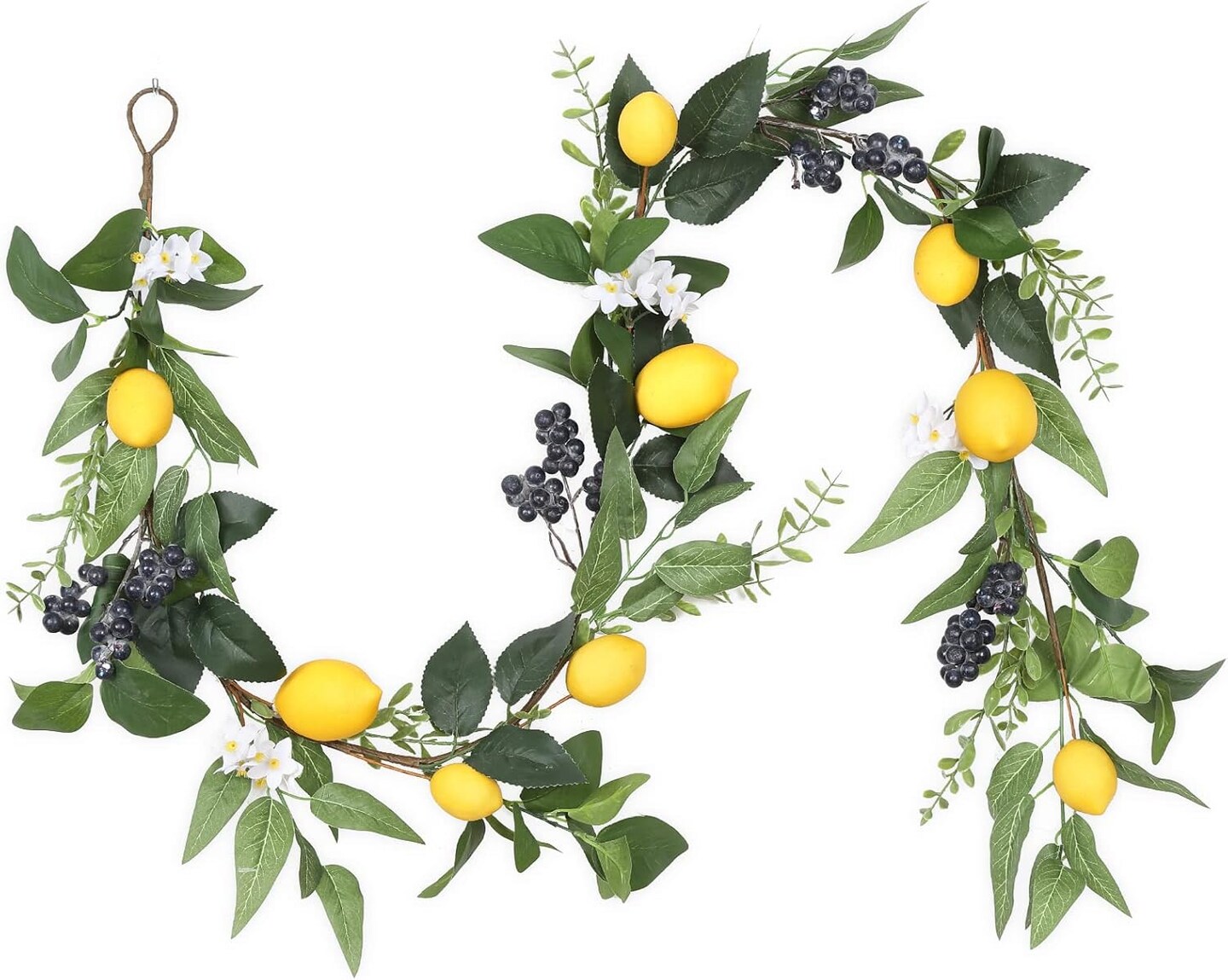 6FT Artificial Lemon Blueberry Garland, Spring Summer Fruit Garland with Lemons Blueberries Greenery Leaves Flowers, Yellow Lemon Garland for Home Front Door Kitchen Wedding Party Decor