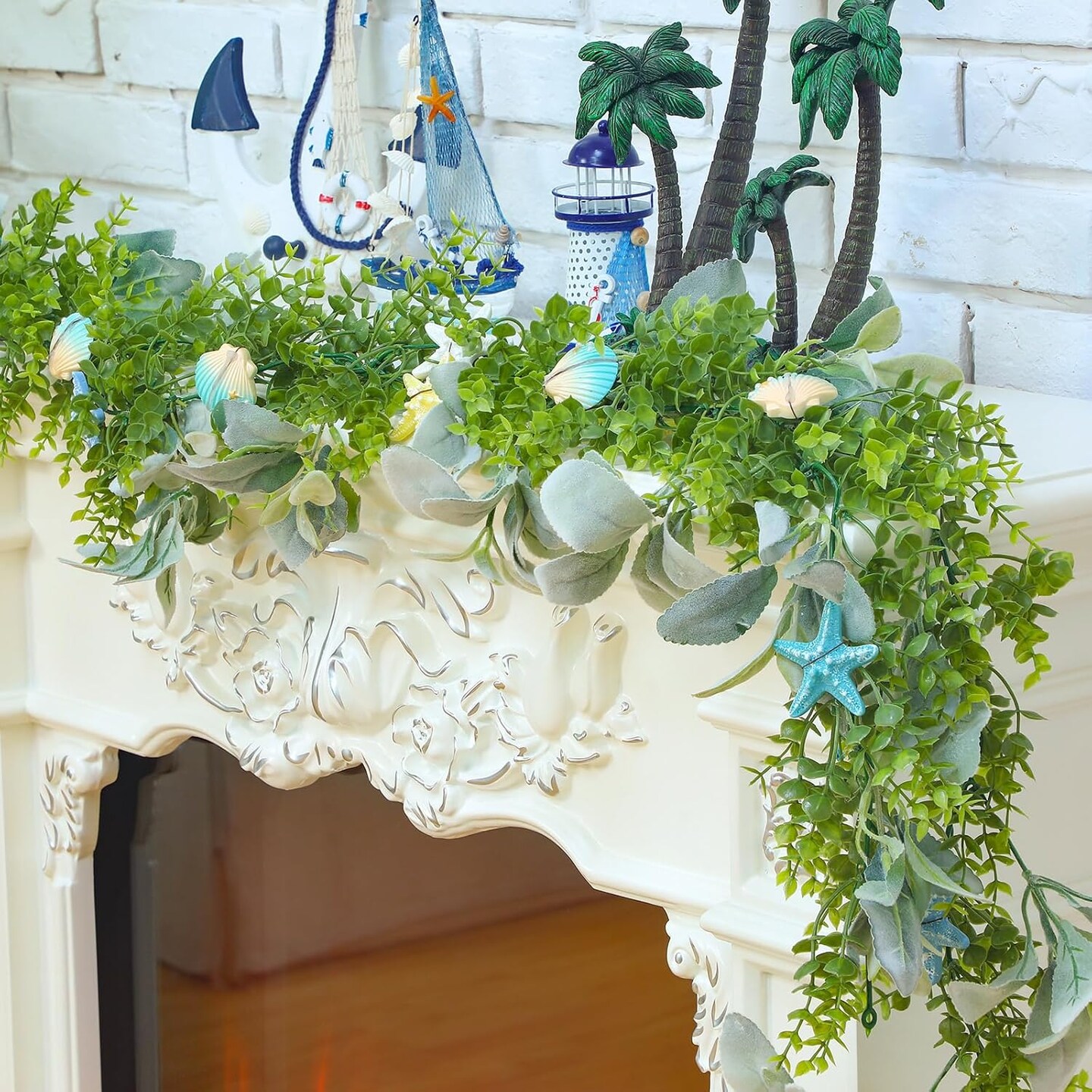 6 Ft Shell Garland with Starfish & Greenery, Coastal Beach Decor