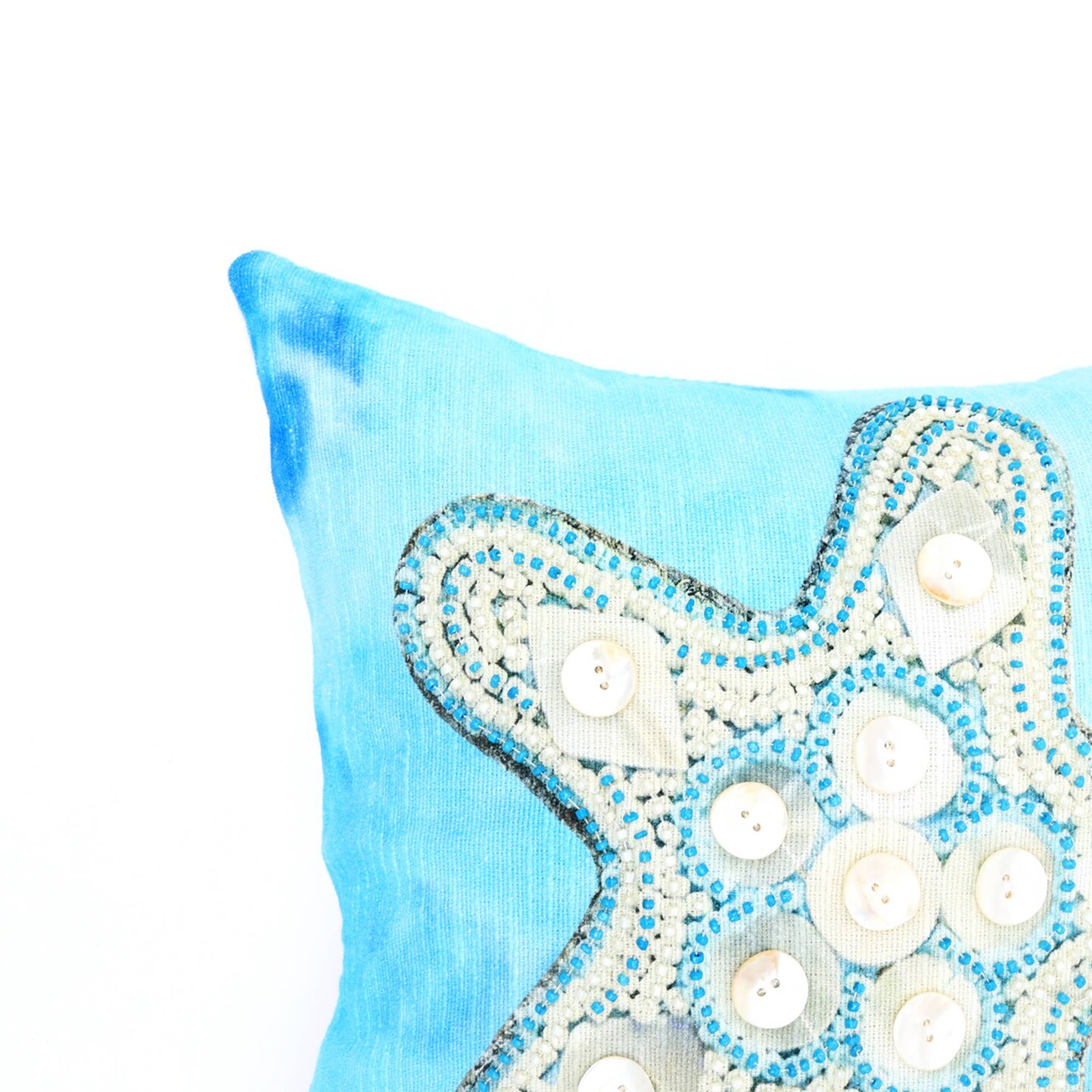 Throw Pillow | Blue & Ivory Starfish Pillow – Hand Embroidered with Beadwork, Coastal Decorative Cushion for Beach Home Décor | 18"x18"