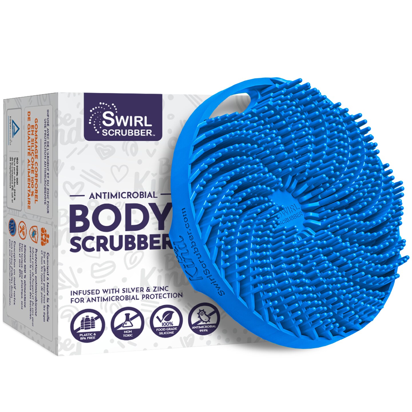 Swirl Scrubber: Antimicrobial Silicone Body Scrubber - Blue - Shower Hanger &#x26; Sticker, Lymphatic Support, Deep Exfoliation-Cleansing, Family Hygiene